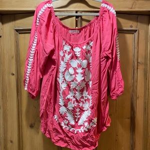 Pink and white embroidered off the shoulder top
